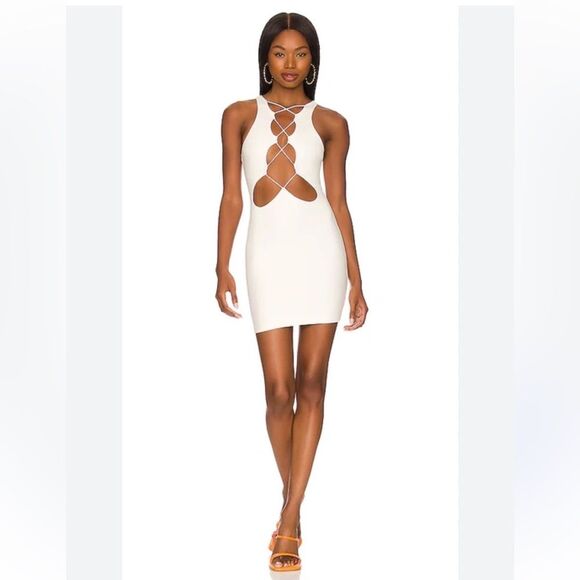 SUPERDOWN Revolve Dionne Lace Up  Mini Dress Small White Cutouts Sexy Bodycon - Picture 1 of 7